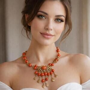 Vintage Coral Bead and Gold-tone Statement Necklace